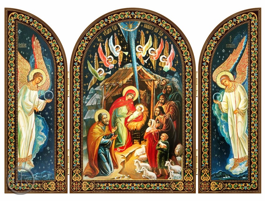 Picture - The Nativity, Gold Foil Icon Triptych With Archangels