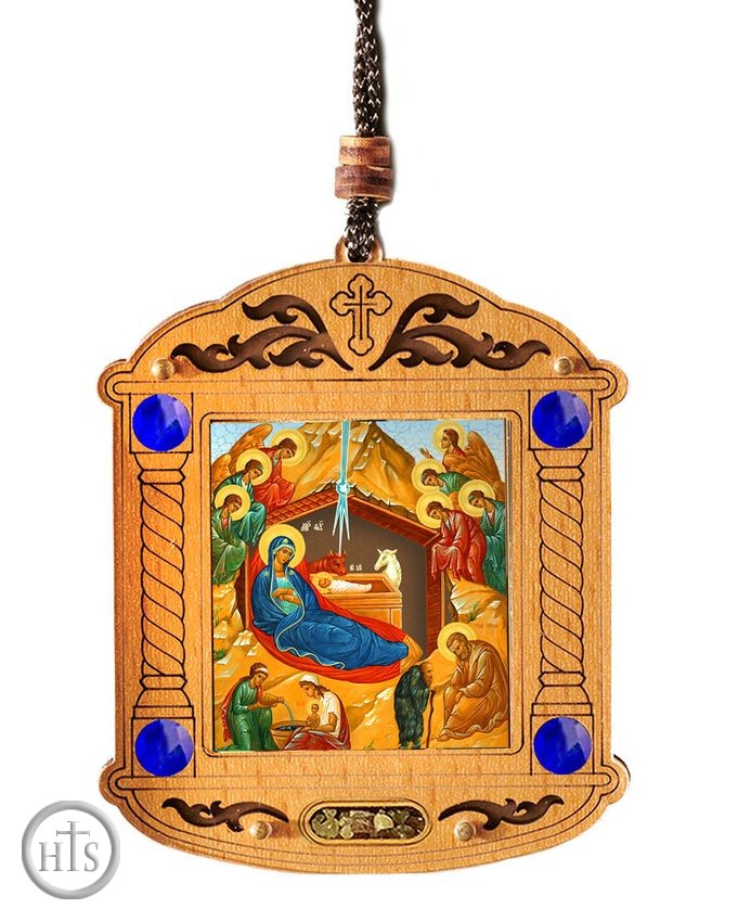 HolyTrinityStore Photo - The Nativity, Wooden Icon Shrine Pendant Ornament on Rope