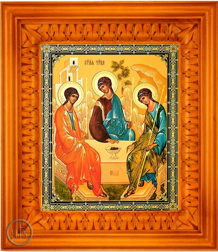 Product Pic - Old Testament Trinity, Orthodox  Icon in Wooden Kiot (Shrine) with Glass