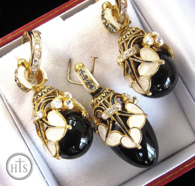 Product Pic - Black Onyx Set of Earrings with Egg Pendant,  Sterling Silver, Swarovsky Crystals