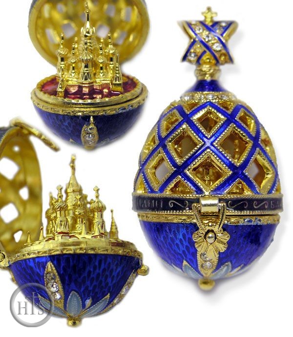 Product Picture - Open Up Faberge Style Pendant Egg with  St Basil Cathedral, Blue