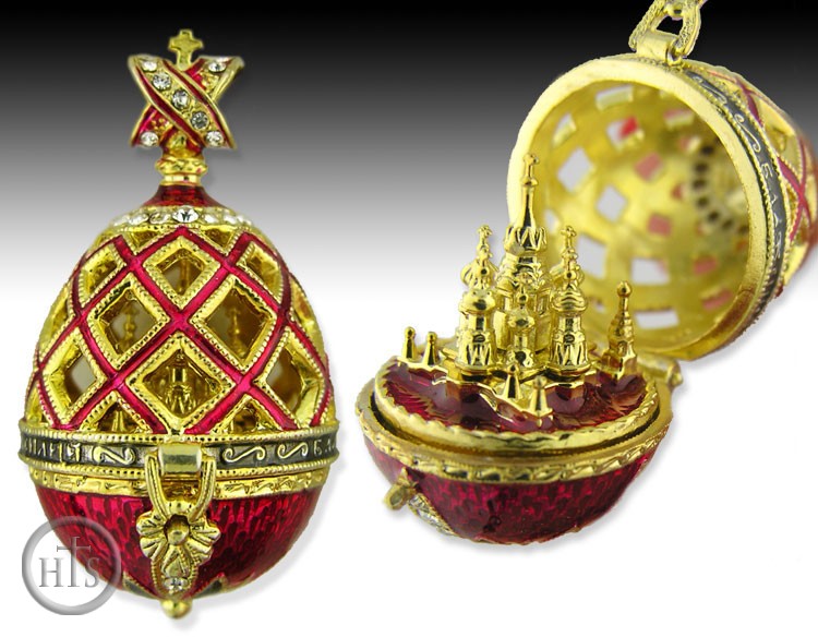 HolyTrinityStore Photo - Open Up Faberge Style Pendant Egg with  St Basil Cathedral, Red