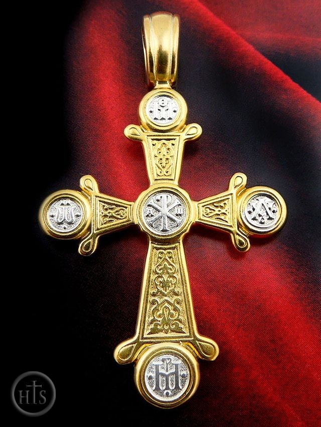Product Pic - Byzantine  Engraved  Chi-Rho Cross, Sterling Silver 925,  Gold Plated