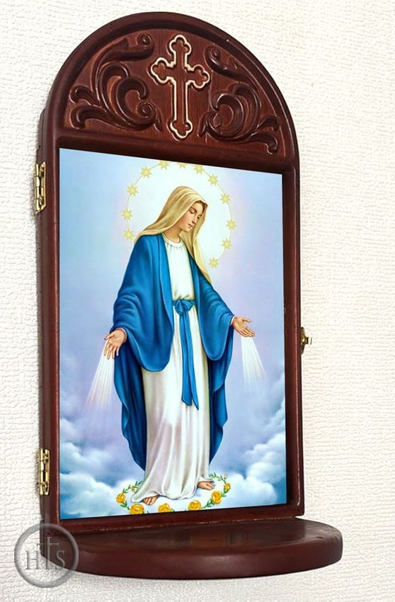 Photo - Our Lady of Grace, Gold Foil Icon Wooden Shrine With Shelf 