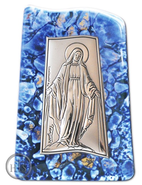 Product Photo - Our Lady of Grace, Silver Icon on Murano Style Glass with Stand