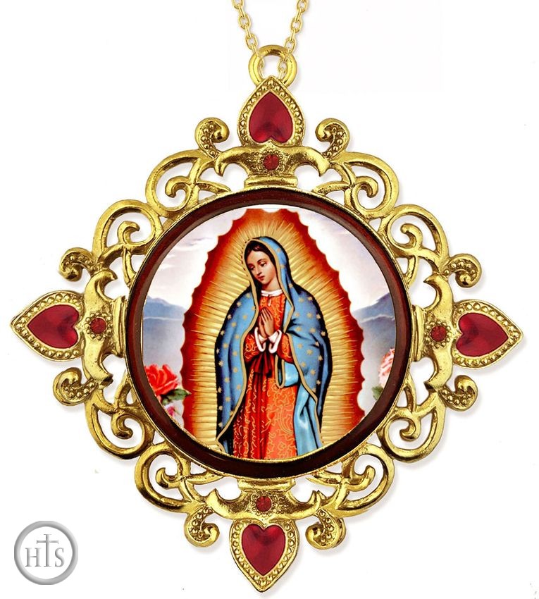 Product Image - Our Lady of Guadalupe, Jeweled Round Framed Icon with Chain