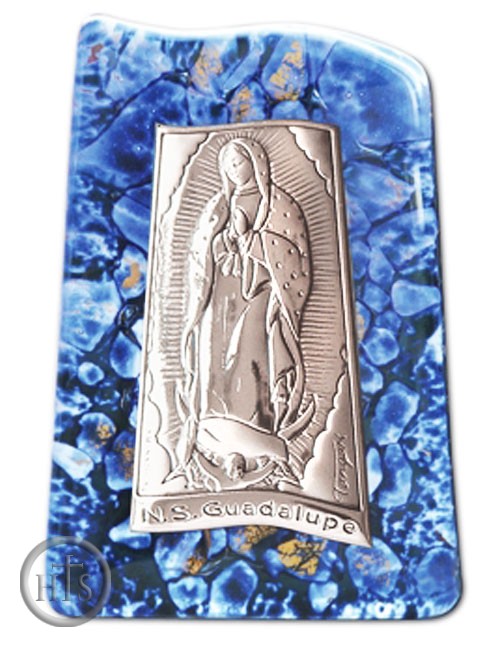 HolyTrinityStore Picture - Our Lady Of Guadalupe,  Silver Icon on Murano Style Glass with Stand