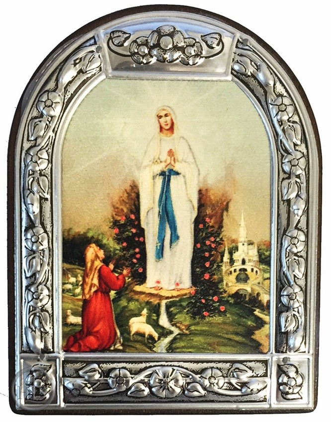 HolyTrinityStore Picture - Our Lady of Lourdes, Serigraph  Icon in Brushed Metal Frame