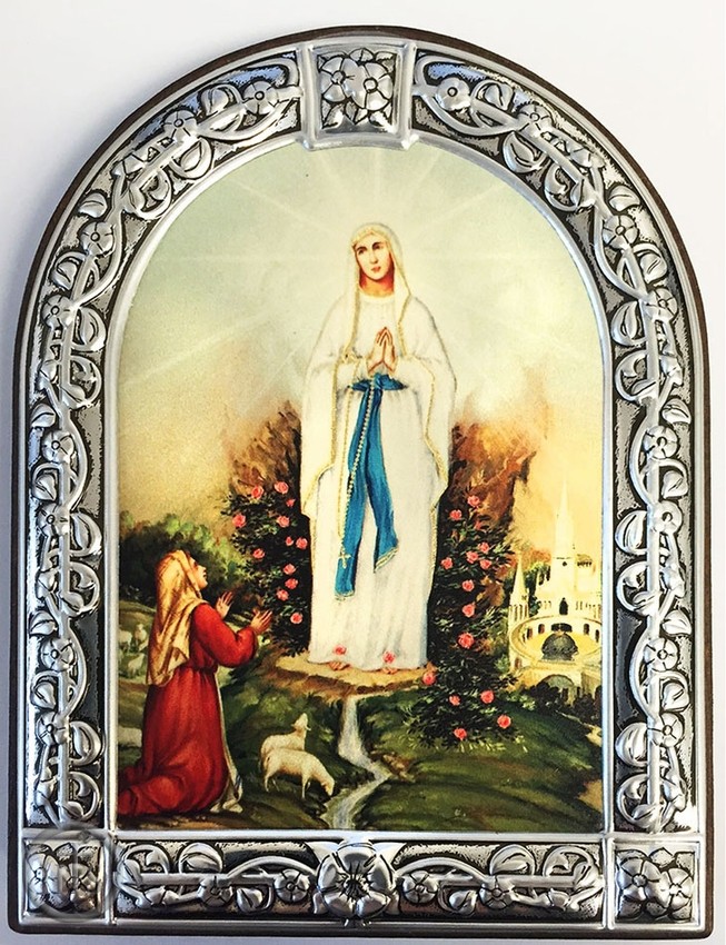 HolyTrinity Pic - Our Lady of Lourdes, Serigraph  Icon in Brushed Metal Frame