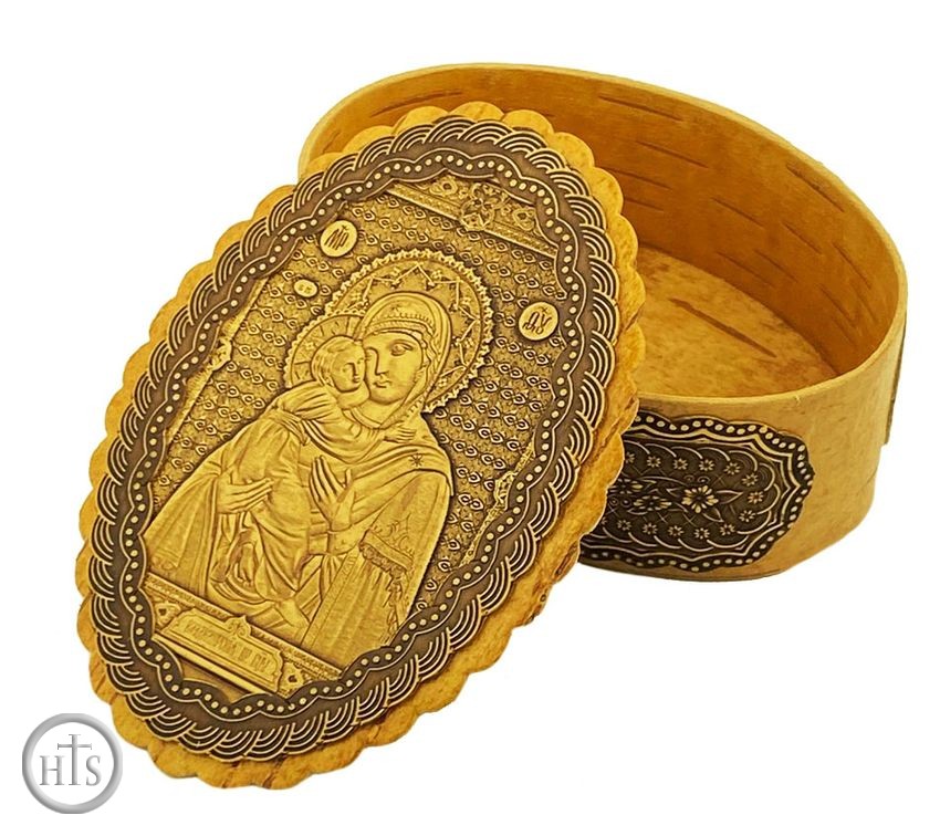 HolyTrinityStore Photo - Oval Birch Box with Icon Virgin of Vladimir, Keepsake Holder