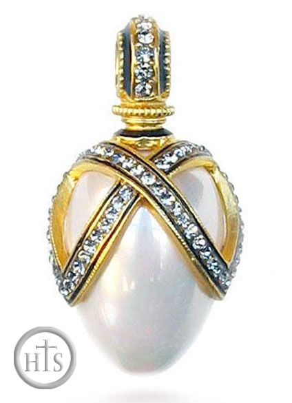 Product Pic - Faberge Style Egg Pendant with Pearl, Sterling Silver, Gold Finish 