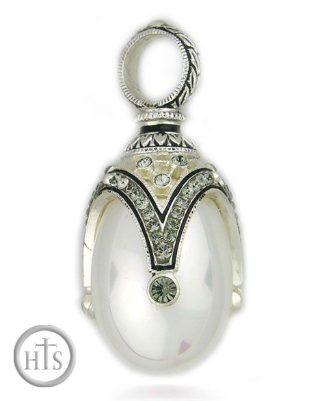 HolyTrinityStore Image - Faberge Style Egg Pendant with Pearl, Sterling Silver 925