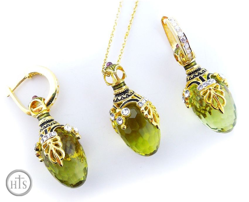 Pic - Peridot Set of Earrings with Egg Pendant,  Sterling Silver, Gold Plate