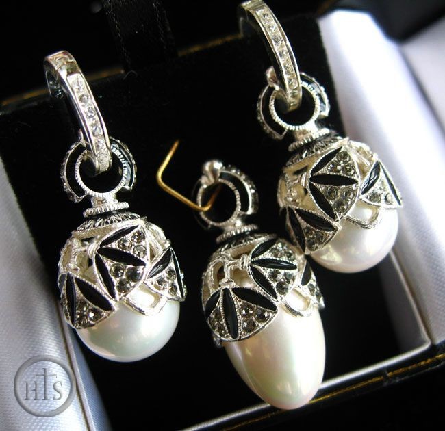 Image - Perl Set of Earrings with Egg Pendant,  Sterling Silver, Swarovsky Crystals