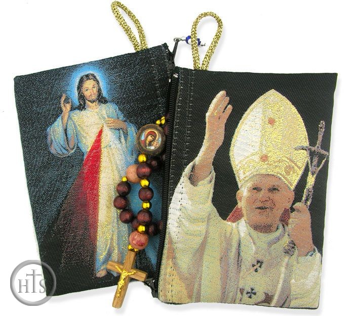 Product Photo - Pope John Paul & Devine Mercy Two Sided Rosary Pouch 