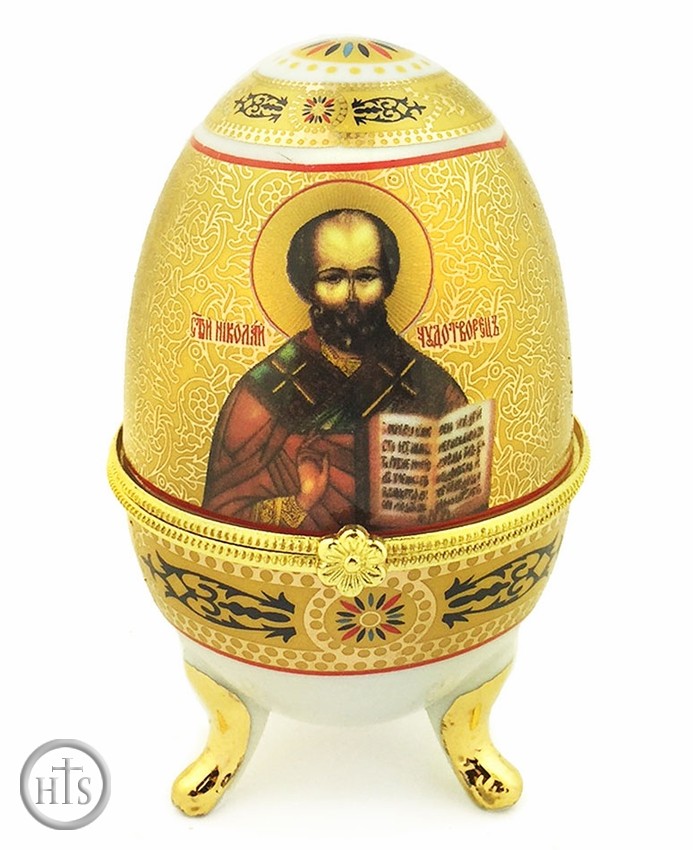 Product Pic - Porcelain  Open Up Egg with  Icon of St. Nicholas