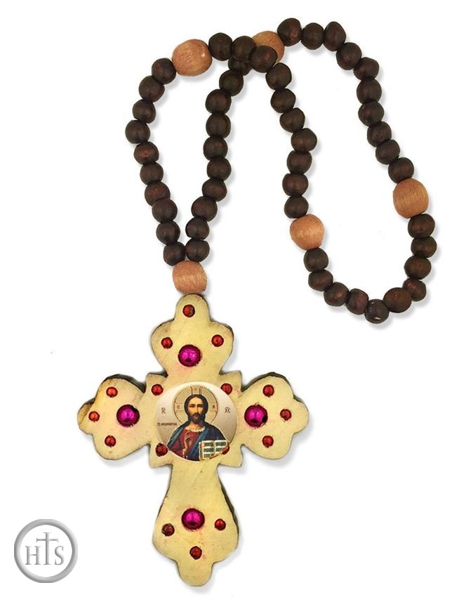 Image - Rosary Beads with Wooden Cross and  Icon of the Christ
