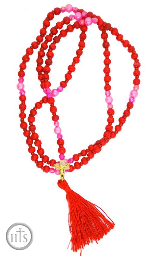 HolyTrinityStore Picture - Wooden Prayer Beads Rope, 140 Knots, Red