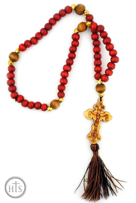 Product Photo - Wooden Prayer  Rope 50 Knots, Rosary Beads  with Cross, Red