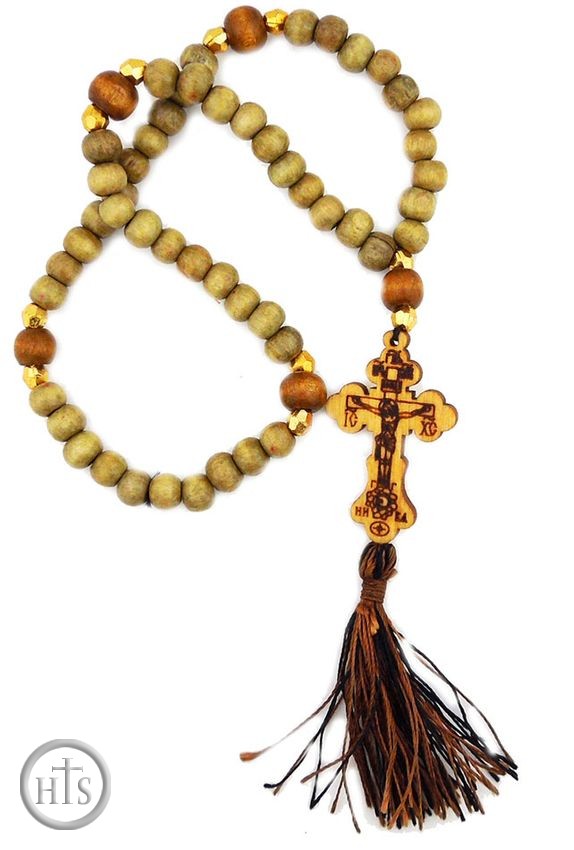 HolyTrinityStore Picture - Wooden Prayer  Rope 50 Knots, Rosary Beads  with Cross, Olive