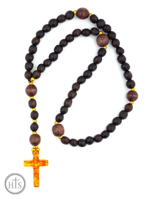 Product Photo - Wooden Prayer Rosary Beads Rope with Amber Color Cross, 50 Knots