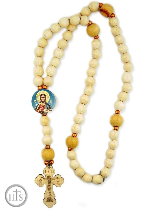 HolyTrinityStore Image - Wooden Prayer Rosary Beads  Rope with Icon, 50 Knots