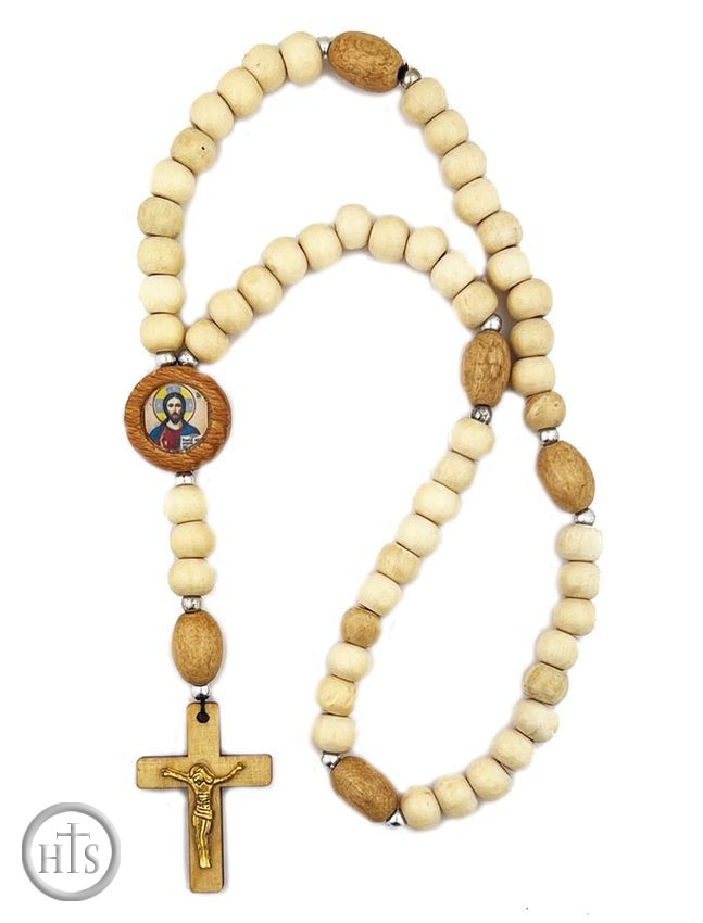 Pic - Wooden Prayer Rosary Beads  Rope with Icon, 50 Knots