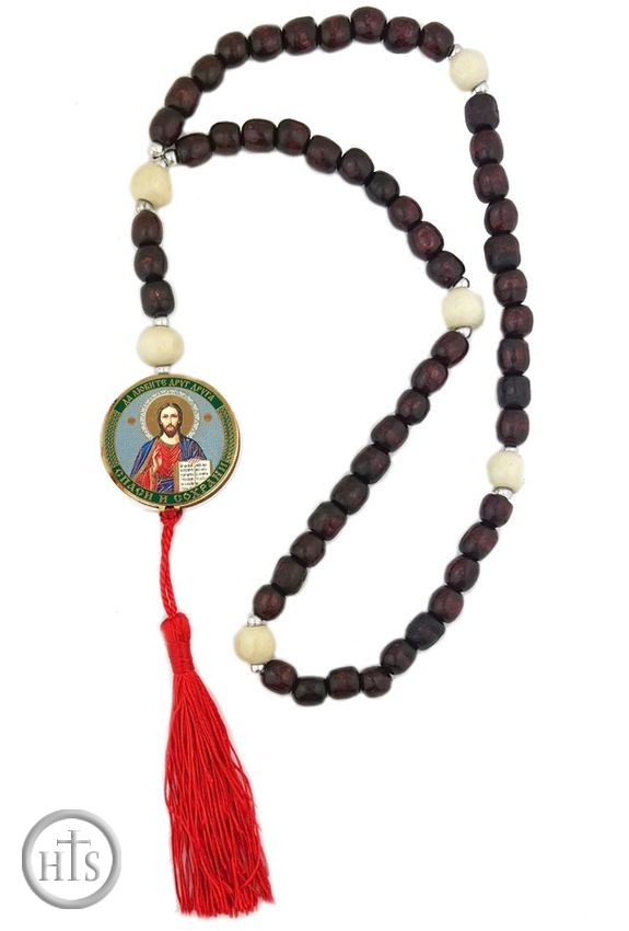 Product Picture - Wooden Prayer Rosary Beads  Rope with Reversible Icon, 50 Knots
