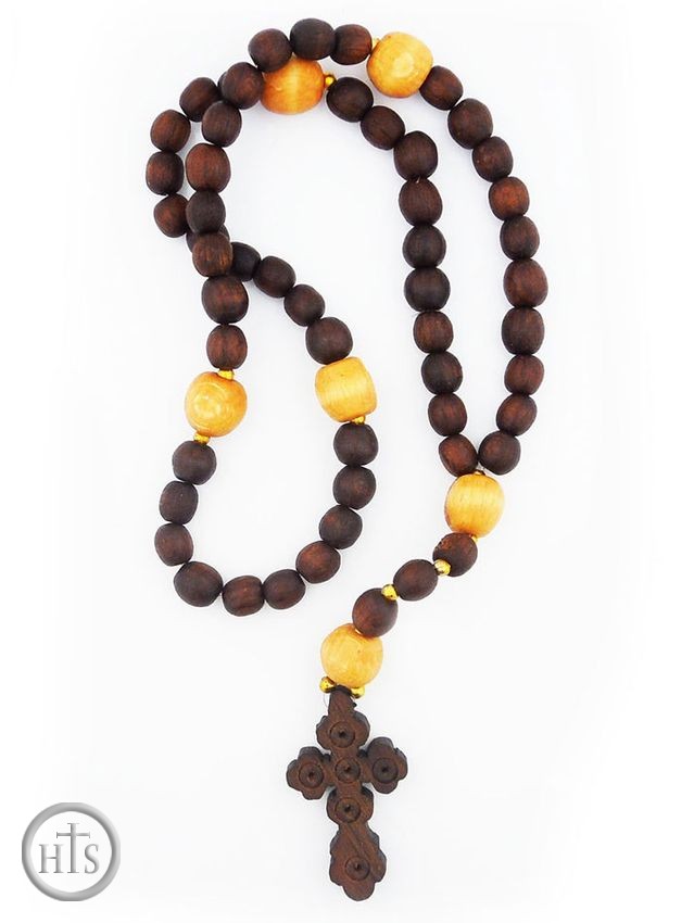 HolyTrinity Pic - Wooden Prayer Rosary Beads Rope with Byzantine Cross , 50 Knots
