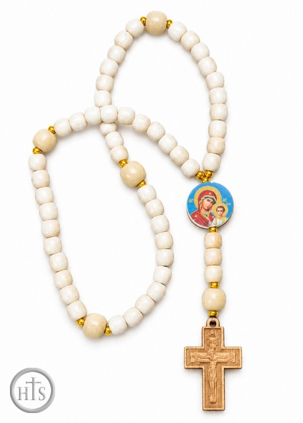 HolyTrinityStore Picture - Wooden Prayer Rosary Beads  Rope with Icon, 50 Knots