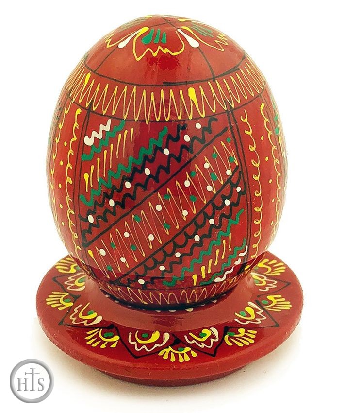 HolyTrinityStore Image - Dark Red Pysanka Easter Wooden Egg on Plate, 2 3/8