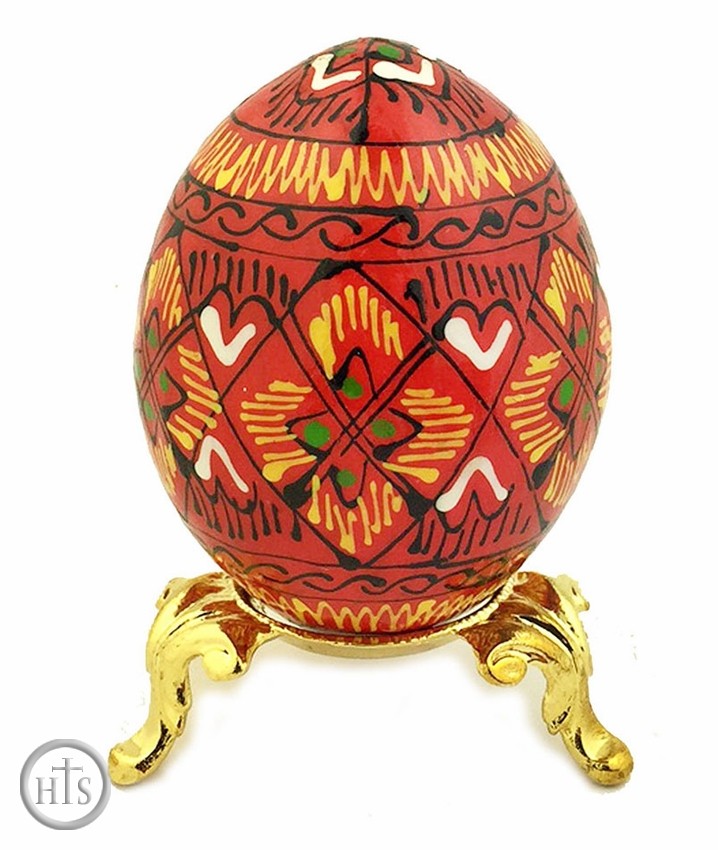 Product Picture - Wooden  Pysanky Egg on Metal Stand, Hand Painted, Red