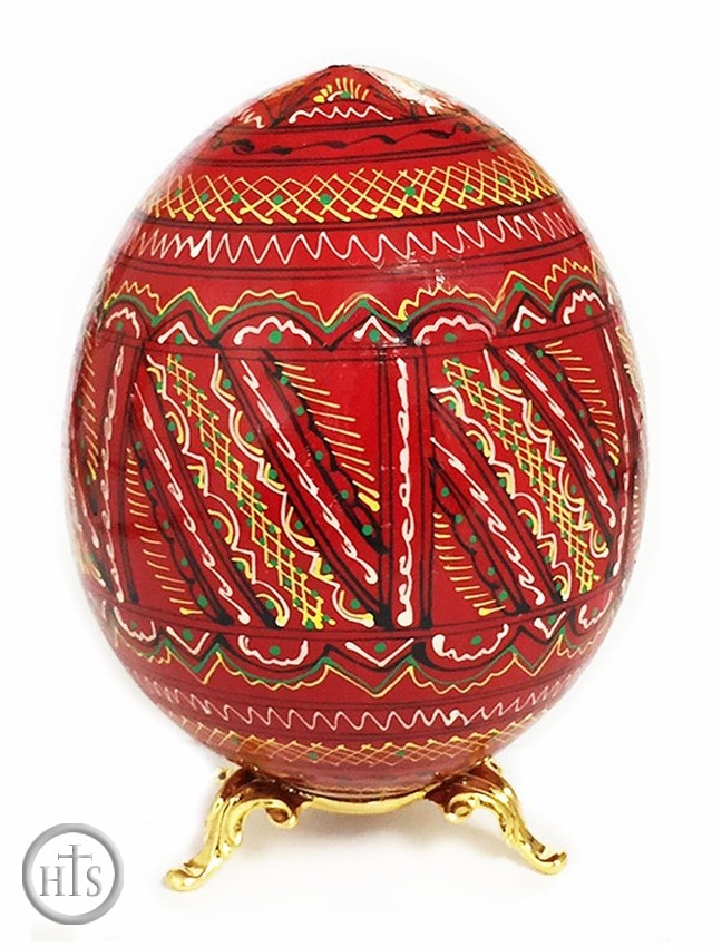 HolyTrinityStore Picture - Wooden  Pysanky Egg on Metal Stand, Hand Painted, Red