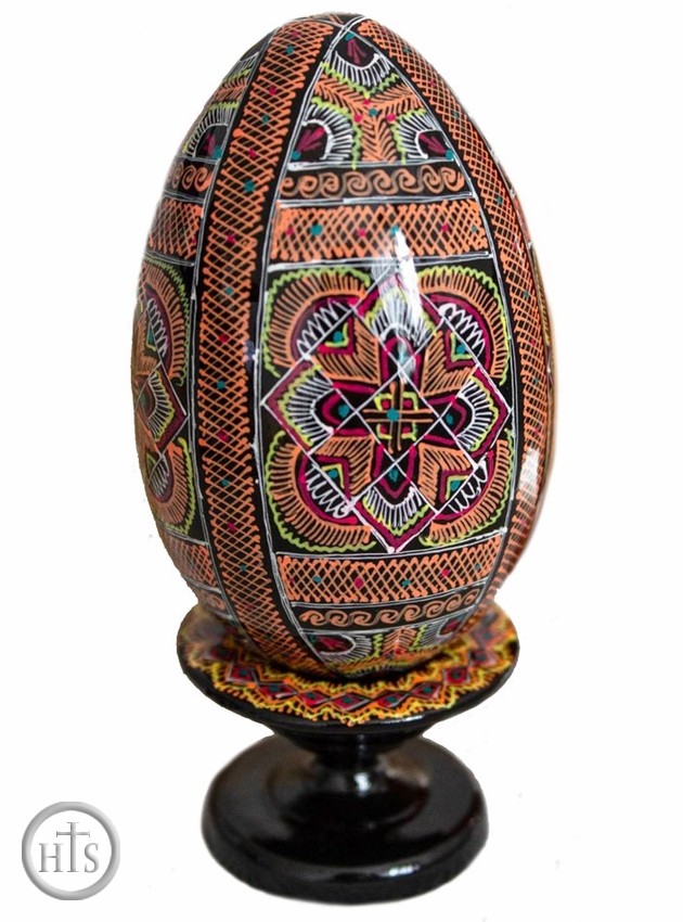 Picture - Wooden  Pysanky Goose Size Egg on Stand, Hand Painted 