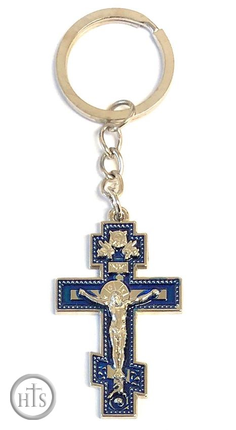 HolyTrinityStore Picture - Key Chain with Metal Three Bar Cross and Corpus Crucifix, Dark Blue Enameled
