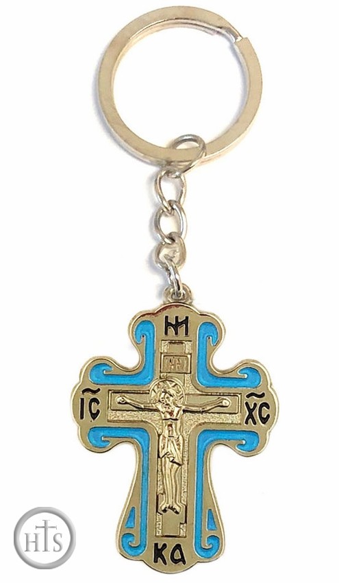 Picture - Key Chain with Silver/Blue Tone Reversible Metal Cross