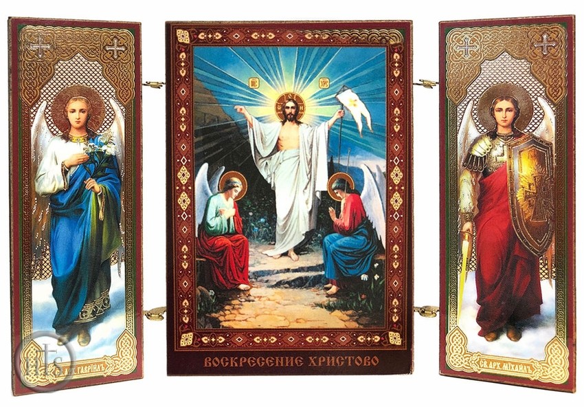 HolyTrinityStore Photo - Resurrection of Christ / Archangels Michael and Gabriel, Mini Triptych