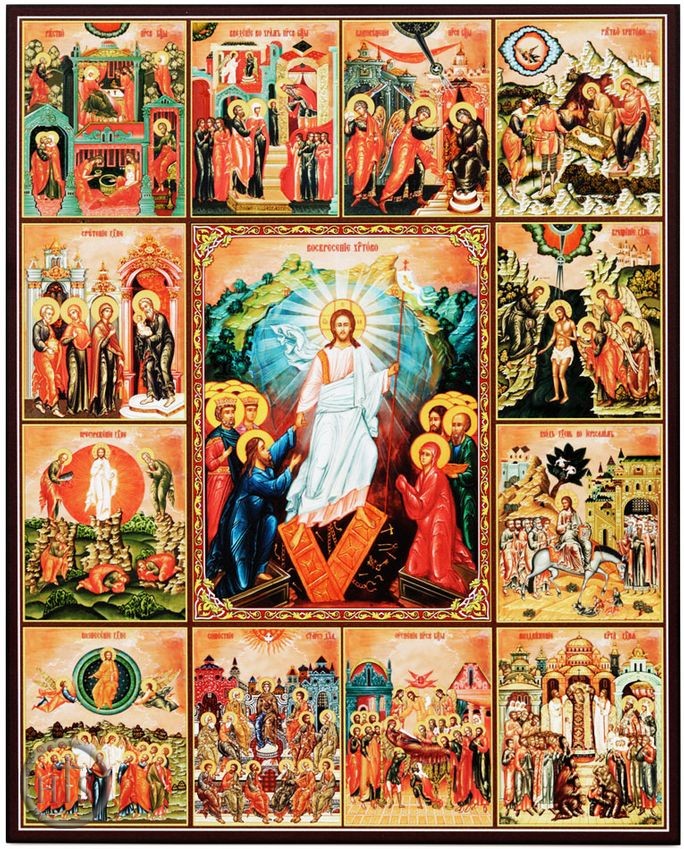 Product Photo - Resurrection of Christ Feast Days, Gold Foil Orthodox Icon with Stand