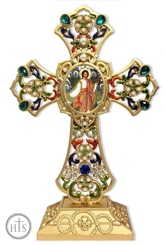 Photo - Resurrection of Christ Icon in Filigree Standing Jeweled Cross 