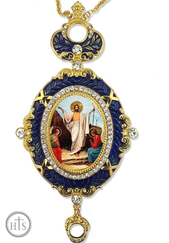 Product Picture - Resurrection of Christ, Enameled Jeweled Icon Ornament, Blue