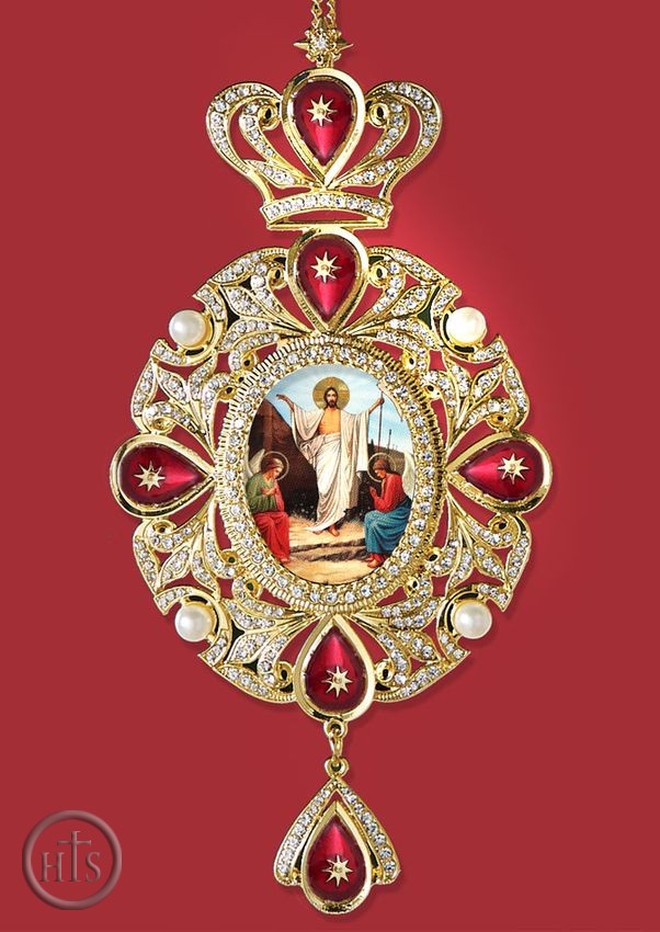 Picture - Resurrection of Christ, Panagia Style Icon Ornament / Red Crystals