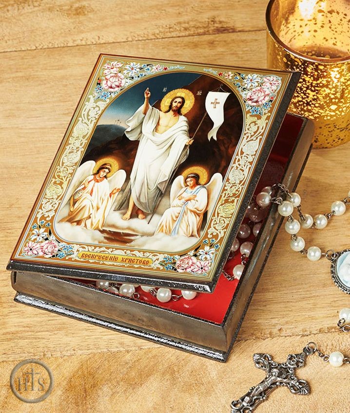 Image - Resurrection of Christ, Wooden Icon Box With Floral Boarders