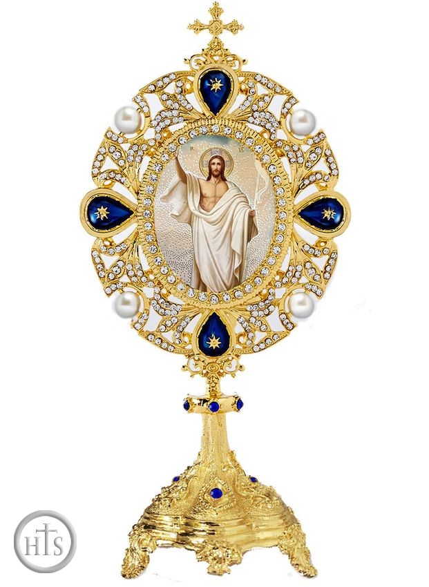 HolyTrinityStore Image - The Resurrection, Icon in Pearl Jeweled Shrine, Blue Crystals