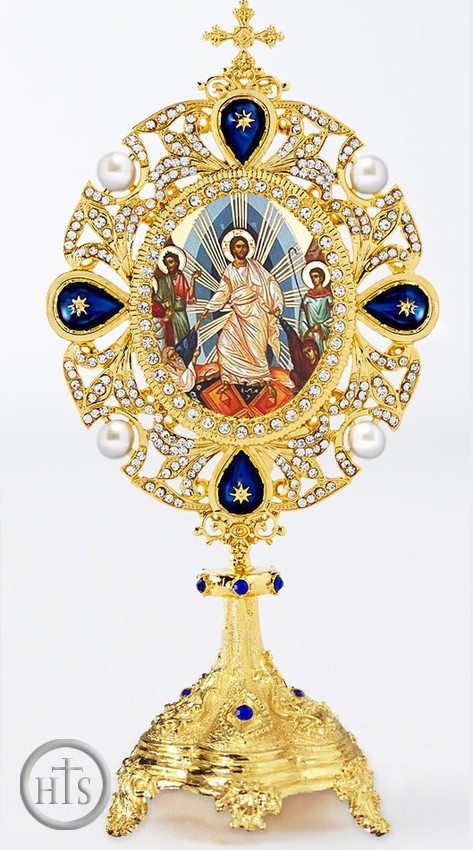 Product Photo - The Resurrection, Greek Icon in Jeweled Shrine, Blue Crystals