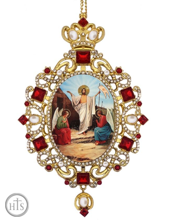 HolyTrinityStore Image - Resurrection of Christ, Panagia Style Icon Ornament / Red Crystals