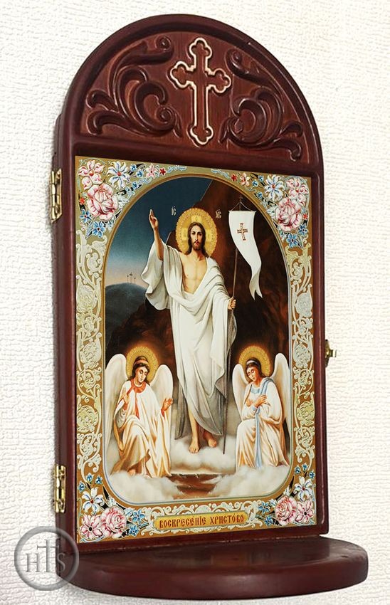 HolyTrinityStore Picture - Resurrection of Christ Wooden Shrine With Shelf 