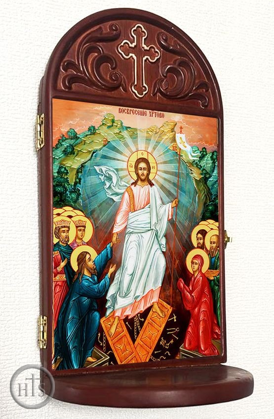 HolyTrinityStore Image - The Resurrection, Decent Into Hell Icon Wooden Shrine With Shelf 