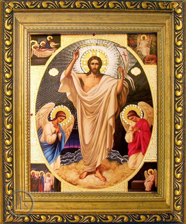 HolyTrinityStore Photo - Resurrection of Christ,  Gold Framed Icon with Crystals and Glass 
