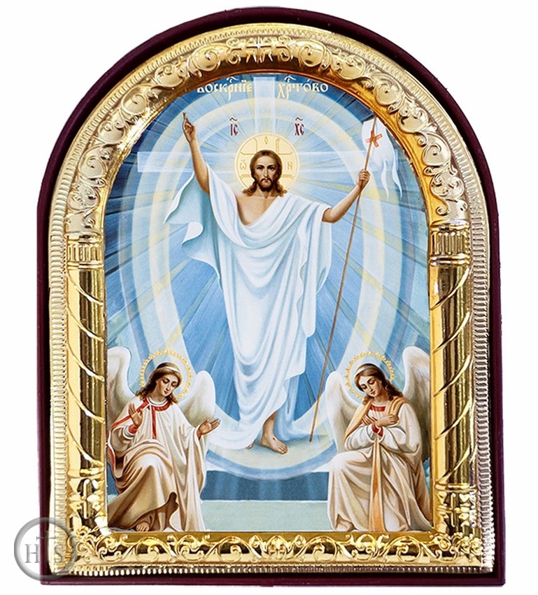Product Picture - Resurrection of Christ with Angels, Arched Orthodox Icon with Stand