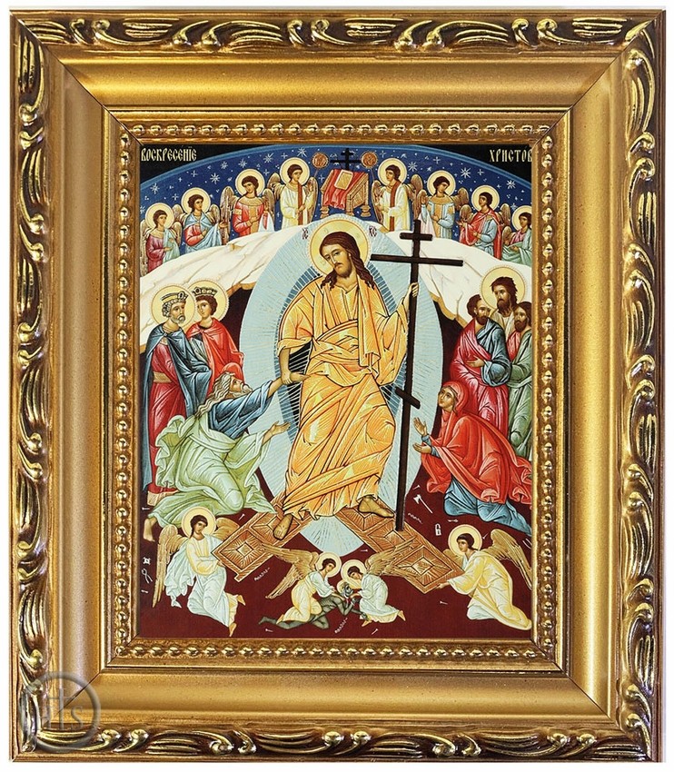 HolyTrinityStore Picture - Resurrection of Christ, Wooden Frame Gold Foil Icon with Stand